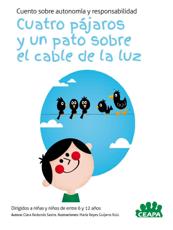 Cuatro pájaros y un pato sobre el cable de la luz